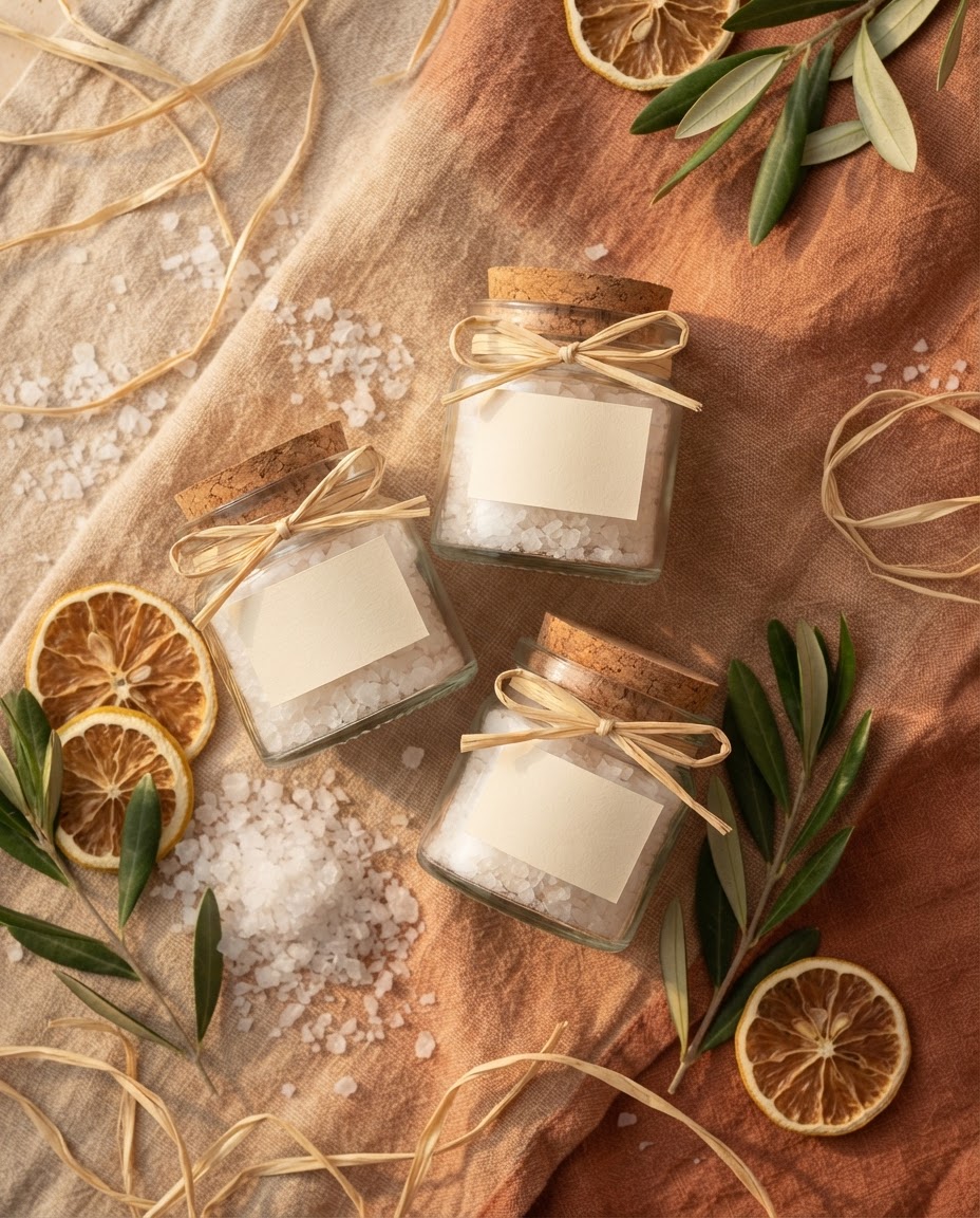 Cadeauset met potjes zeezout, olijftakjes en linnen