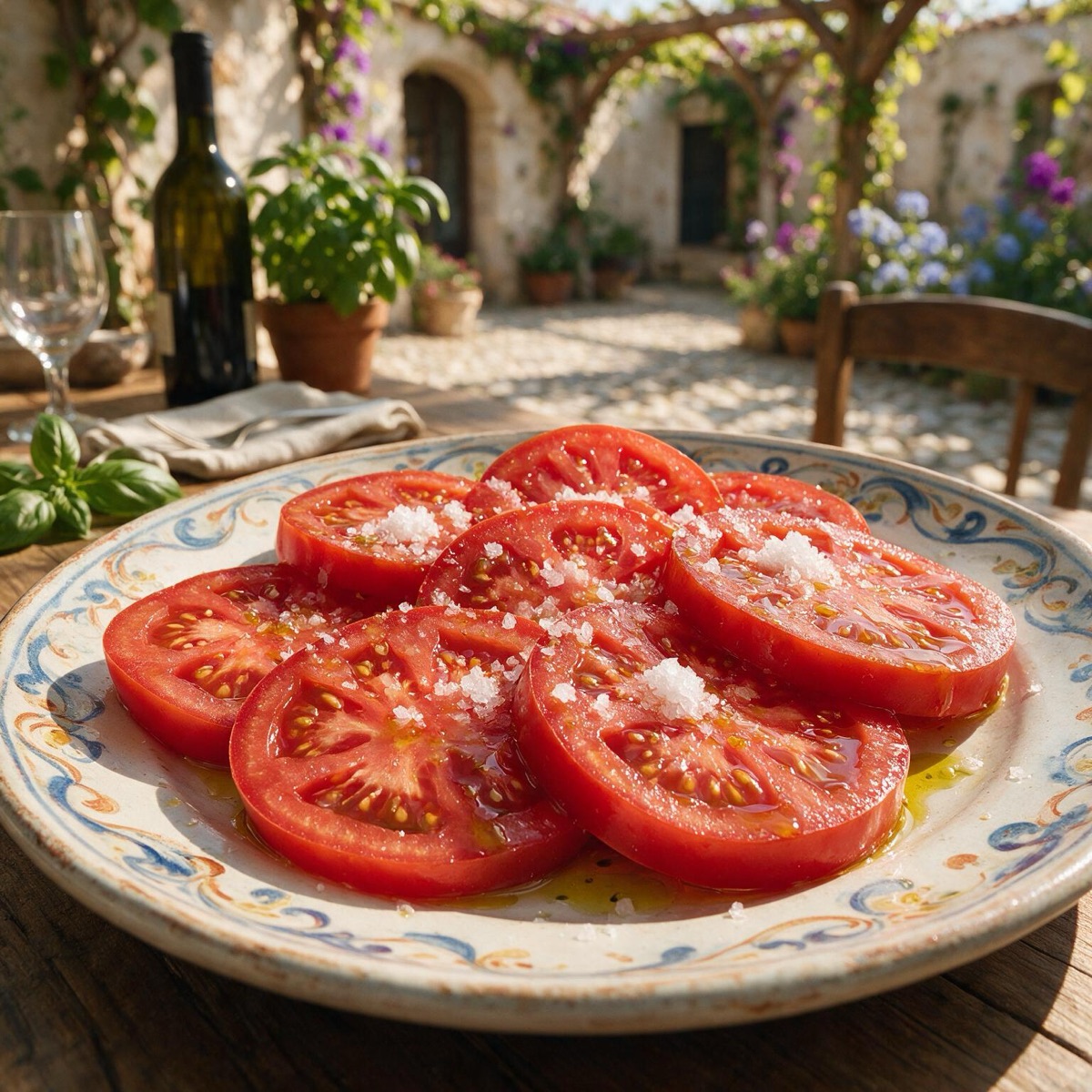 Rijpe tomaten met flor de sal en olijfolie op een terras